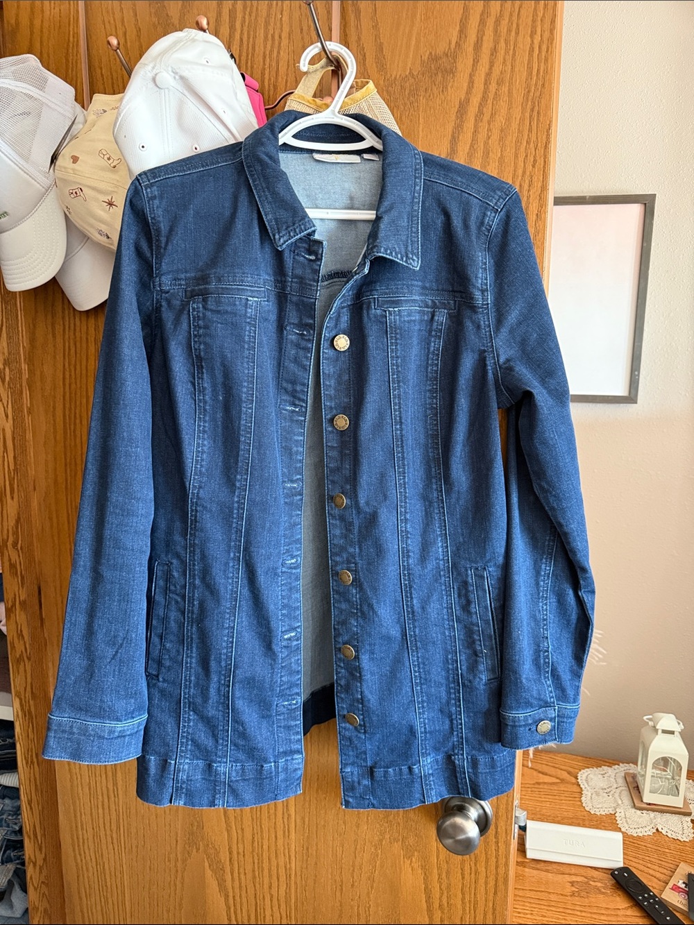 Belle by Kim Gravel Long Denim Jacket in Dark Blue
